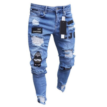 Stretchy Ripped Skinny Biker Embroidery Print Jeans