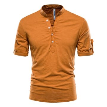 Stand Collar Men Solid Color 100% Cotton T Shirts